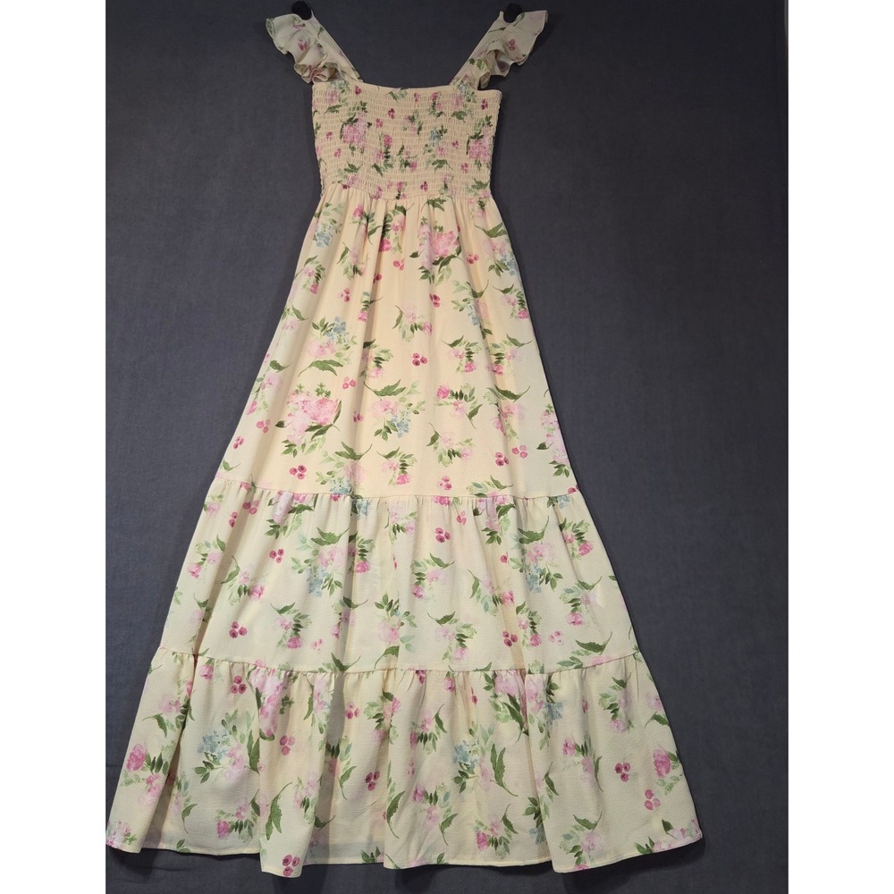 Sloane & Sie Maxi Dress Womens S Yellow Floral Smocked Tiered Ruffle Sleeveless